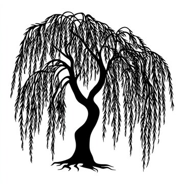 Silhouette of a weeping willow tree with cascading branches.