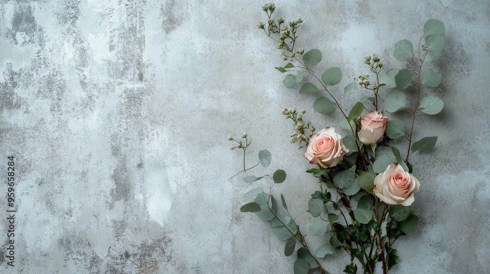 Poster Delicate pink roses are arranged with fresh eucalyptus leaves on a textured concrete surface, creating a modern floral display. Generative AI