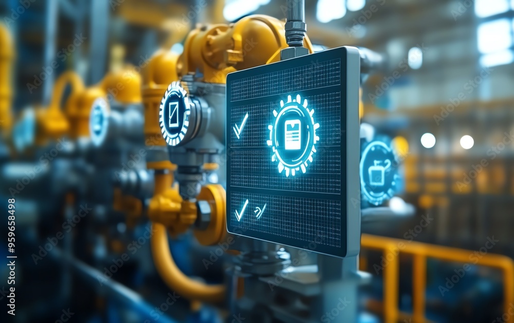 Poster automation concept featuring industrial business process workflow optimization, with checkboxes and 