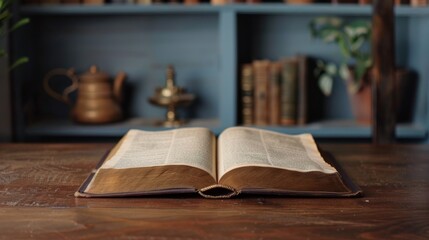 Front view of open hardback book on desk