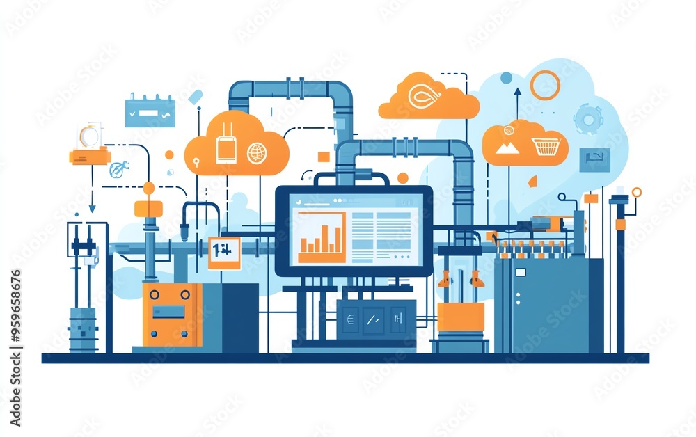 Poster automation concept featuring industrial business process workflow optimization, with checkboxes and 