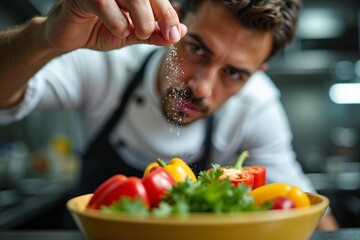 Chef sprinkling salt on a gourmet meal