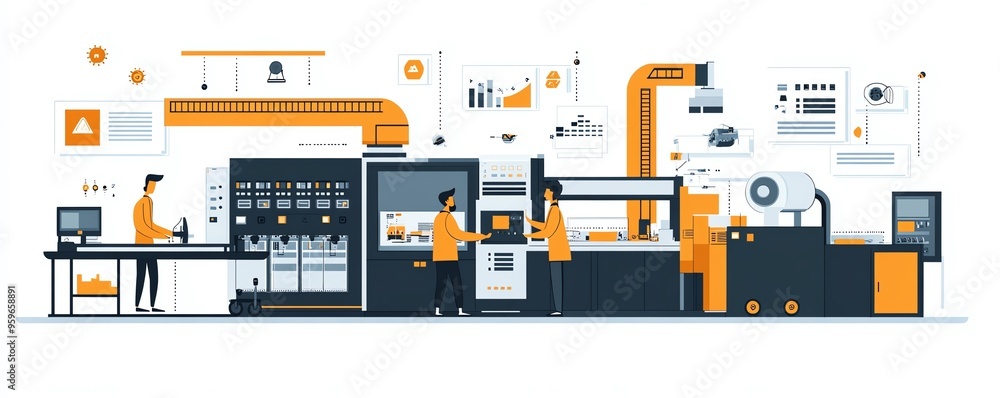Poster automation in industrial business processes, showcasing workflow optimization with checkboxes and vi