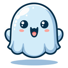 Cute ghost floating for Halloween Trick or Treat. Funny spooky boo character. Spook phantom with happy smiling face expression. kids flat vector illustration.
