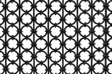 Window with metal grating with circles. Circle grid forge on white background.