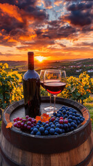 Blueberries and grapes with white wine on barrel