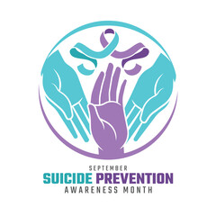 Suicide prevention awareness month - Teal purple Caring hands and ribbon awareness in line circle sign vector design