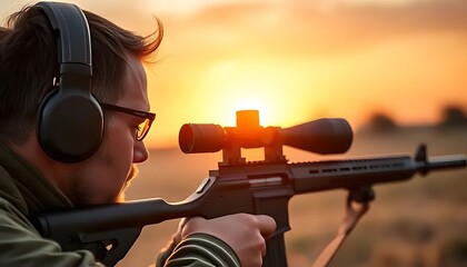 Man Aiming Rifle at Sunset with Scope and Headphones