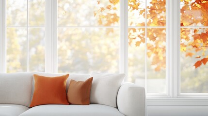 Fall leaves in vibrant orange hues frame a cozy white couch with soft pillows, creating a warm and inviting autumn-themed living room scene.