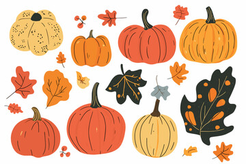 Set of simple autumn pumpkin. Hand drawn pumpkin squash in warm natural fall colors isolated on white. Vector illustration - autumn themes, Halloween