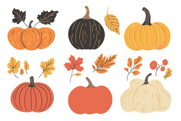 Set of simple autumn pumpkin. Hand drawn pumpkin squash in warm natural fall colors isolated on white. Vector illustration - autumn themes, Halloween