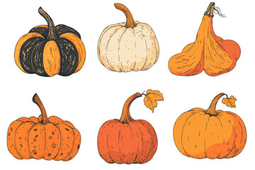 Set of simple autumn pumpkin. Hand drawn pumpkin squash in warm natural fall colors isolated on white. Vector illustration - autumn themes, Halloween
