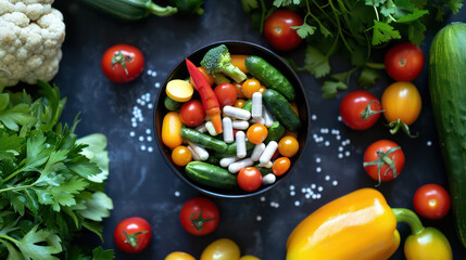 Fresh vegetables and colorful ingredients arranged beautifully in bowl, showcasing healthy lifestyle.