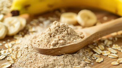 Banana powder and oats on wooden surface, showcasing healthy ingredient for smoothies or baking. vibrant banana adds fresh touch to composition.