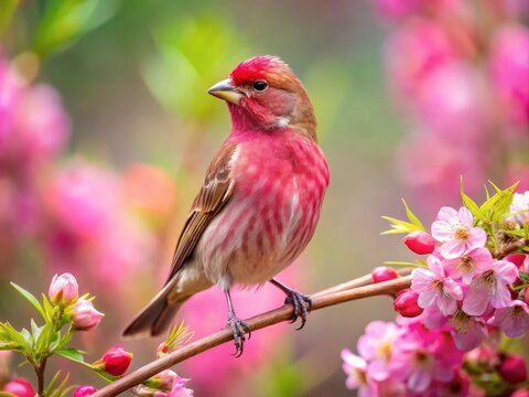 "A photo image of a rosefinch bird perched on a branch, with vibrant pink plumage and distinctive markings, amidst a stylized background of blooming wildflowers."