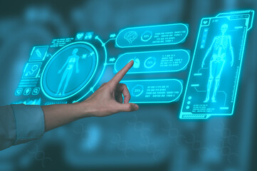 Close up of doctor hand with virtual electronic medical record of patient on interface.Digital healthcare and network on modern virtual screen, DNA medical technology, Learning about DNA Phenotyping