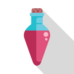 Pink magic potion in a glass bottle with a cork stopper, casting a long shadow