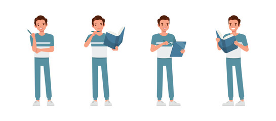 Men wear blue and white t-shirt character vector illustration design set. Man with book, reading and showing idea.