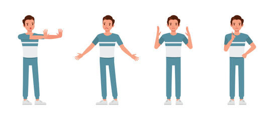 Men wear blue and white t-shirt character vector illustration design set. Men express negative emotions.