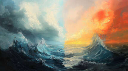 Fototapeta premium A split scene depicting the chaos of an ocean storm on one side and the calm, colorful waves under a sunset on the other represents the tumultuous struggles of mental health.