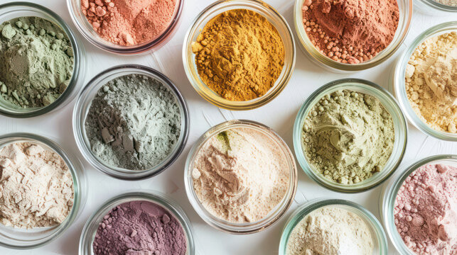 Colorful powders in jars create vibrant display of natural pigments and textures.