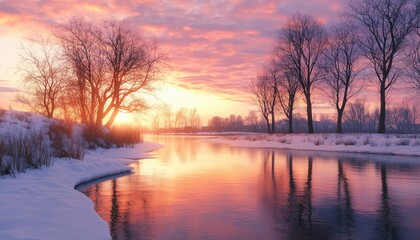 Fototapeta premium Winter sunset light beauty landscape in river covered snow