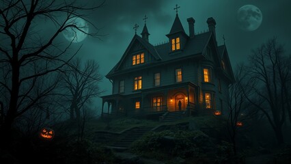 A mysterious old house stands in the darkness, lit by a single bright window.