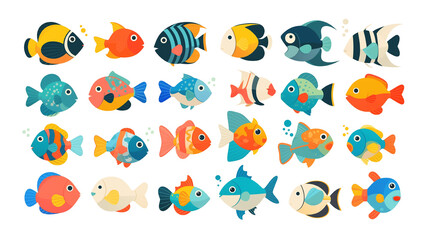 Obraz premium カラフルでポップな魚キャラクターセット｜海のデザイン素材｜多用途イラストアイコン集