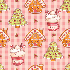 Materiał do szycia Seamless pattern with cute Christmas gingerbread house, tree with garland and red cup with cream dessert on pink checkered background with holly. Funny holiday kawaii character. Vector illustration