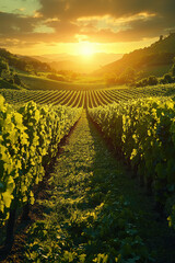 Fototapeta premium Sunlit Grape Vines in a Vineyard
