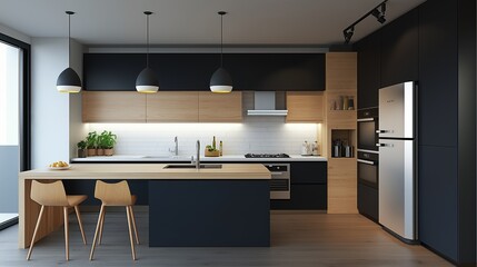 Fototapeta premium A modern kitchen and dining room with a minimalist aesthetic. 