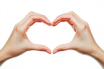 Fototapeta premium Two Hands Forming a Heart Shape Together on a Pure White Background for Love and Romance Themes