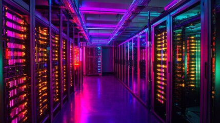 Fototapeta premium Data Protection in Neon: Glowing High-Tech Servers in Redundant Patterns