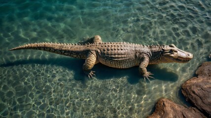 Top view of large crocodile in shallow water