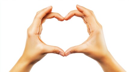 Obraz premium Two Hands Forming a Heart Shape Together on a Pure White Background for Love and Romance Themes