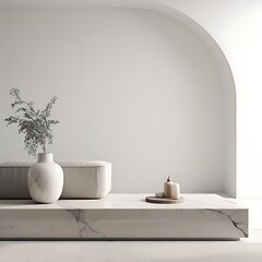 Minimalist White Interior Design with Marble Table and Curved Wall