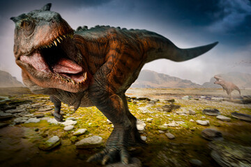 Jurrasic scene - Trex dinosaur in open landscape , 3D illustration. Made in Blender © Mikael Damkier