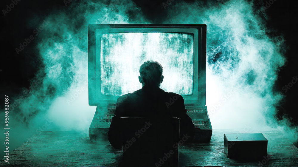 Poster a man is sitting in front of a computer monitor with a blue screen. the image has a mood of confusio