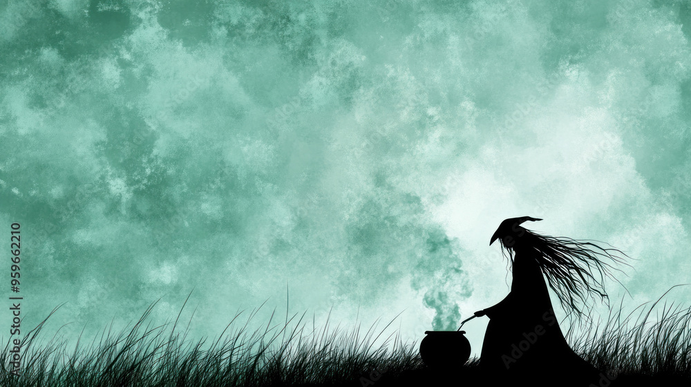 Poster a witch is standing in a field with a cauldron in front of her. the sky is cloudy and the grass is t