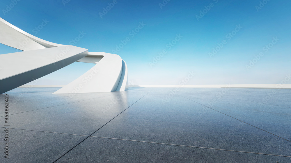 Poster 3d render of abstract curve structure futuristic architecture with empty concrete floor