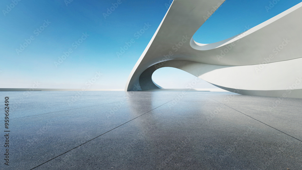 Poster 3d render of abstract curve structure futuristic architecture with empty concrete floor