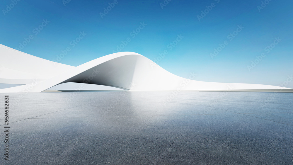 Poster 3d render of abstract curve structure futuristic architecture with empty concrete floor