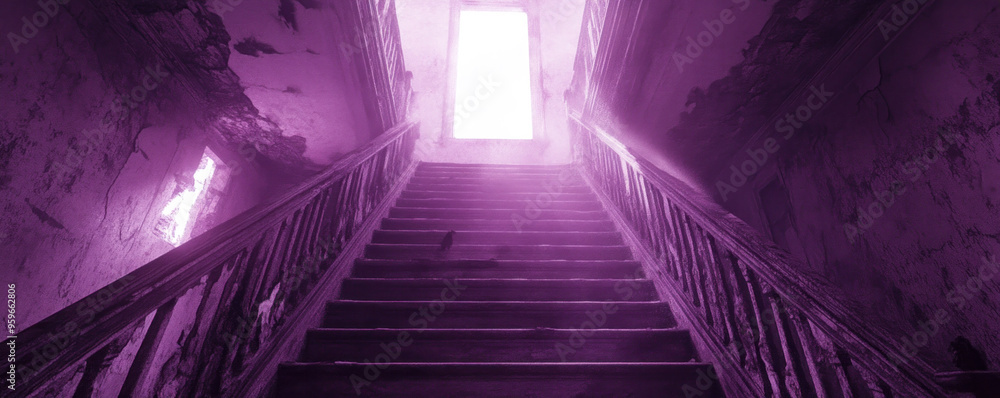 Poster a staircase with a purple hue and a light shining through a window. the staircase is empty and the l