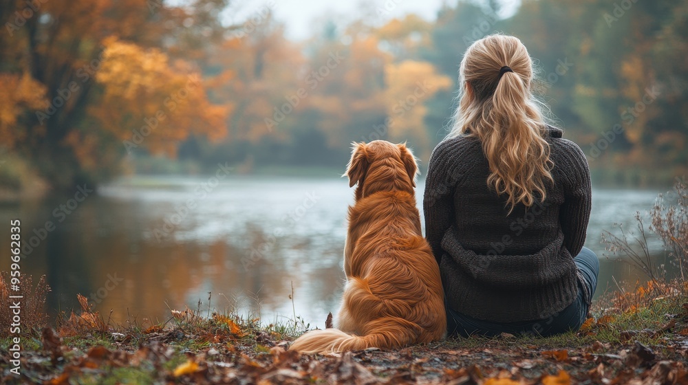 Wall mural Woman sitting with a red golden retriever by a riverbank in an autumn forest, both looking at the water from a hill, peaceful fall scene in nature, viewed from behind.

