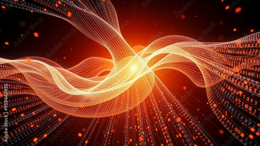 Wall mural Abstract digital data stream, glowing orange.