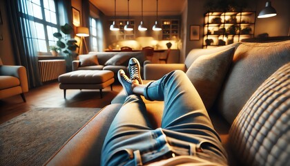 Obraz premium An image from the perspective of a woman lying down on a comfortable couch in a cozy, warmly lit living room