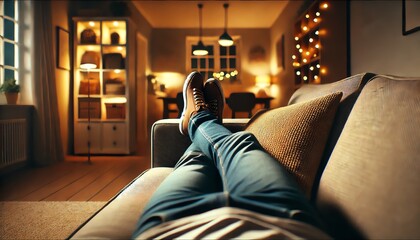 Naklejka premium An image from the perspective of someone lying down on a comfortable couch in a cozy, warmly lit living room