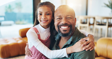 Kid, man and portrait with smile on sofa for support, love and bonding together on weekend. Happy, father and daughter relaxing with hug on couch at home for connection, care and trust in childhood