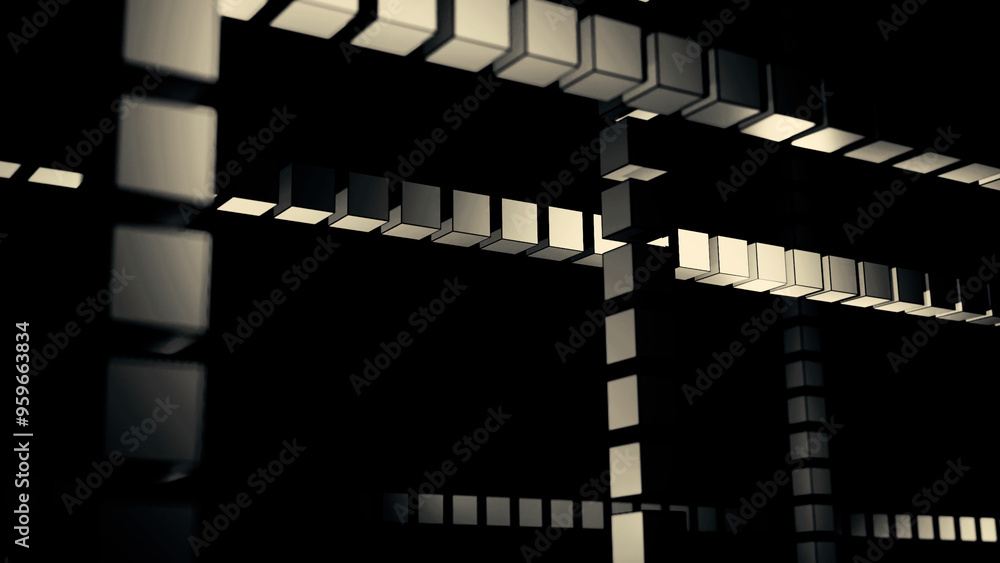 Poster geometric pattern with cubes in rows on a black background. design. 3d figures flowing in dark space