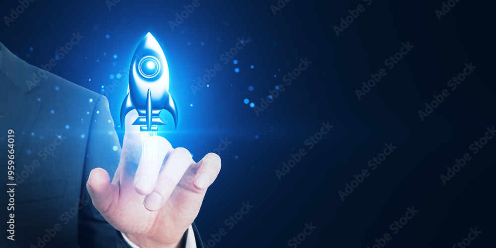 Poster close up of male hand pointing at creative glowing rocket spaceship hologram on dark blue background
